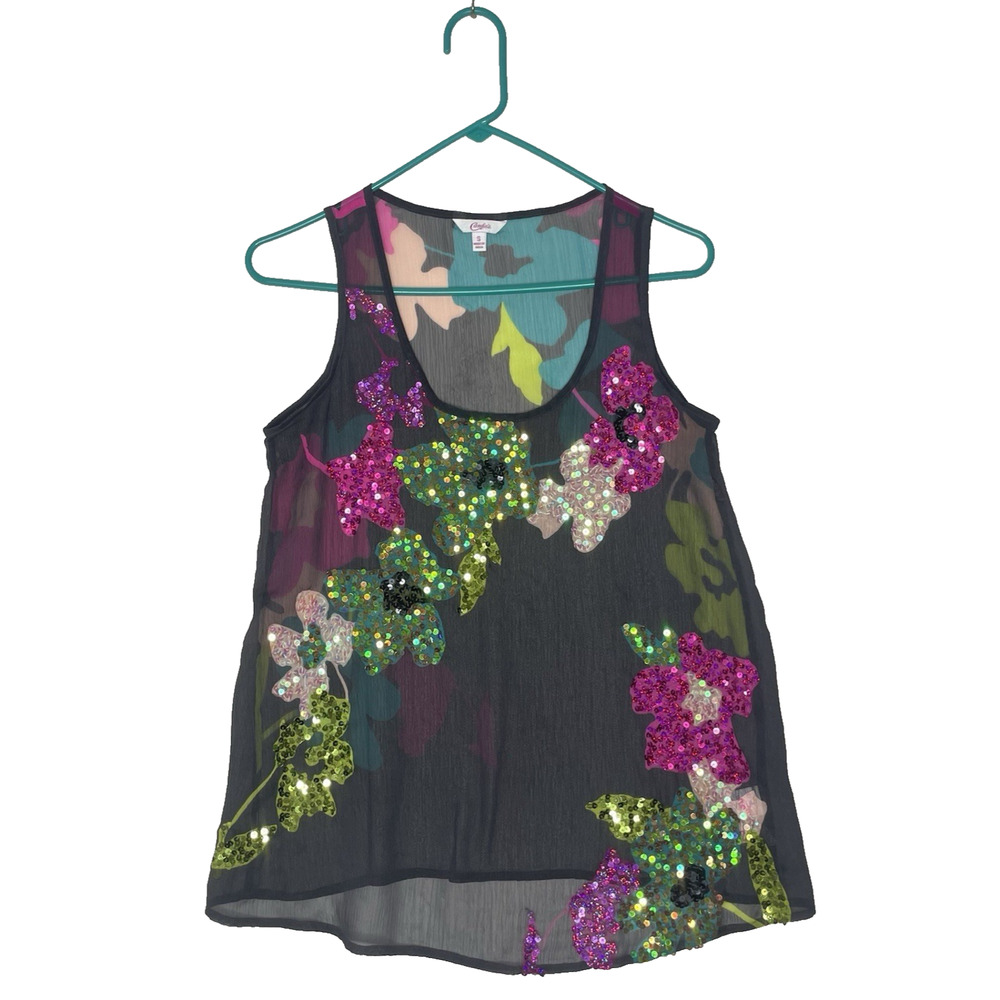 Candies Y2K Sheer Sequin Floral Tank Top Size S Indie Sleaze Fairy Grunge